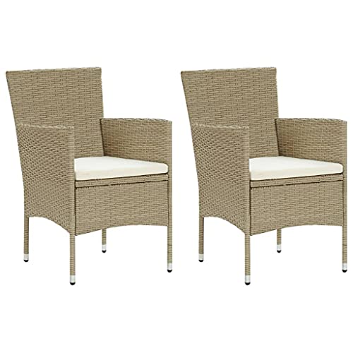 Mandloder Garten Essstühle 2er Set, Beige Poly Rattan Outdoor Stühle mit robustem Stahlrahmen, ergonomische Hochlehner Gartenmöbel für Terrasse Balkon, komfortable Essgruppe mit cremeweißen Kissen von Mandloder
