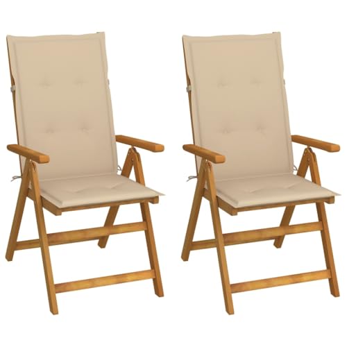 Mandloder Garten-Liegestühle 2er Set, Hochlehner aus massivem Akazienholz mit Ölfinish, 5-Fach verstellbar, klappbar, inkl. Beiger Kissen, stabile Outdoor Gartenmöbel für Terrasse & Balkon von Mandloder