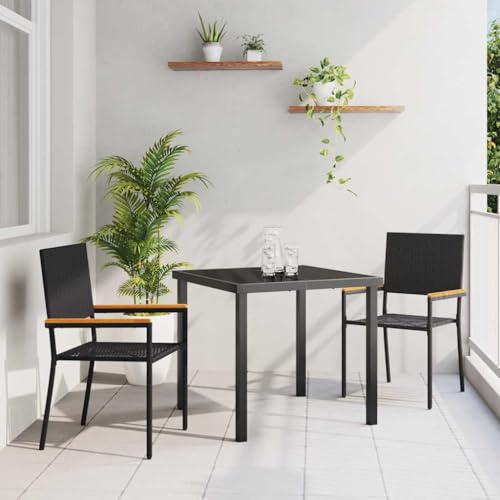 Mandloder Garten Stapelstühle 2er Set, Schwarz Braun PE Rattan, mit Akazienholz Armlehnen, Robustem Stahlrahmen, Platzsparend Wetterfest UV-beständig für Outdoor Gartenmöbel Terrasse Balkon von Mandloder