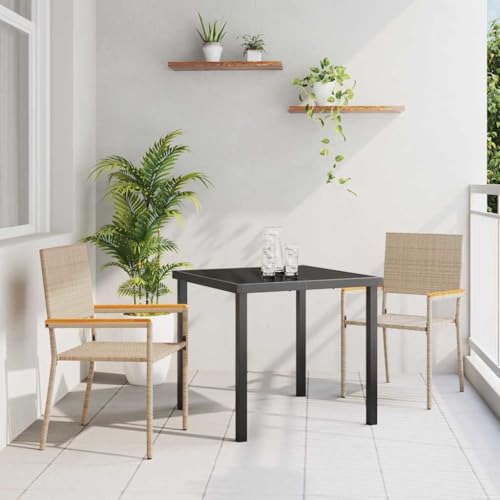 Mandloder Garten Stapelstühle 2er Set Creme Braun, PE Rattan Hochlehner Outdoor Stühle mit Stahlrahmen & Akazienholz Armlehnen, Wetterfest & Platzsparend für Terrasse Gartenmöbel Essgruppe von Mandloder