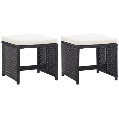 Mandloder Gartenhocker 2er Set Poly Rattan Schwarz mit Cremeweiß Sitzkissen, robuste Outdoor Stühle und vielseitige Gartenmöbel für Terrasse und Patio aus pulverbeschichtetem Stahl. von Mandloder