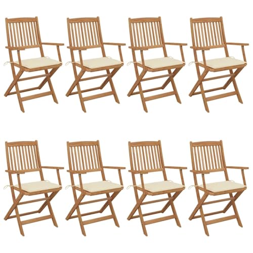 Mandloder Klappbare Gartenstühle 8er-Set aus massivem Akazienholz mit Cremeweißen Kissen, robuste Outdoor-Möbel für Terrasse und Garten von Mandloder