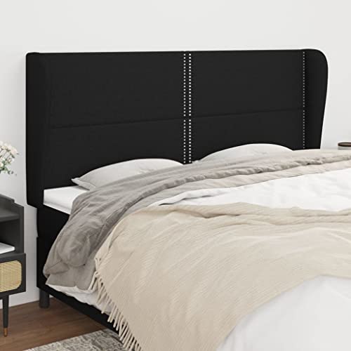 Mandloder Kopfteil mit Ohren, Schwarz, 163x23x118/128 cm, Stoff, Höhenverstellbar, Robuste Holzbeine, Klassisches Design für Schlafzimmer von Mandloder