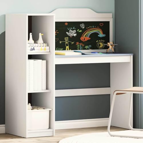 Mandloder Kreidetafel Schreibtisch, Weiß und Grau, 120x45x118.5 cm, robuster Holzwerkstoff, vielseitiger Computertisch für Home Office, modernes Design mit Regalablagen von Mandloder