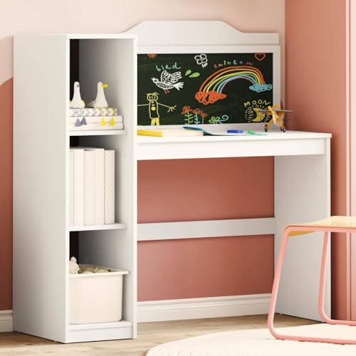 Mandloder Kreidetafel Schreibtisch Weiß, 120x45x118.5 cm Holzwerkstoff mit 3 Regalen, Fleckenbeständig, für Home Office von Mandloder