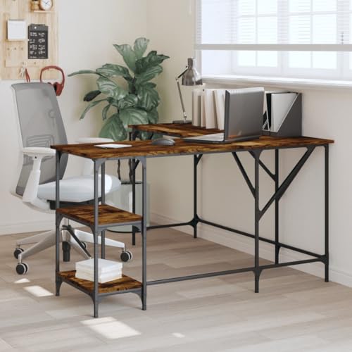 Mandloder L-förmiger Eck-Schreibtisch Räuchereiche aus Holzwerkstoff, 139x139x75 cm, mit Stauraum und Metallrahmen, ideal für Büro und Heimbüro von Mandloder