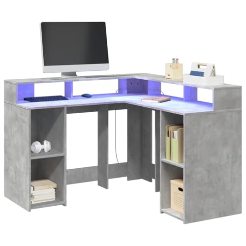 Mandloder LED-Schreibtisch Betongrau 130x130x91 cm, L-förmiger Eckschreibtisch aus Holzwerkstoff für Gaming, Büro & Laptop, robuster Computertisch mit RGB-Beleuchtung & Stauraum von Mandloder