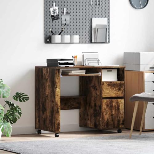 Mandloder Moderner Computertisch mit Rollen, Räuchereiche Holzwerkstoff, 91x50x77 cm, Flexibler Schreibtisch für Homeoffice und Arbeitszimmer, praktischer mobiler Bürotisch mit Stauraum von Mandloder