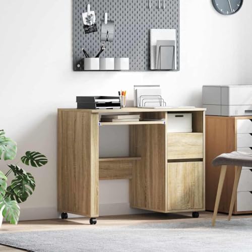 Mandloder Moderner Computertisch mit Rollen, Sonoma Eiche Holzwerkstoff, 91x50x77 cm, Flexibler Schreibtisch für Homeoffice und Laptop-Arbeit, ideal für Schlafzimmer und Büro von Mandloder