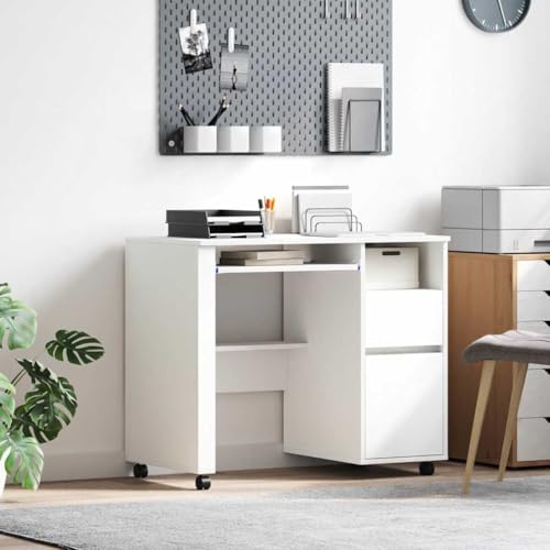 Mandloder Moderner Computertisch mit Rollen, Weiß, 91x50x77 cm, Holzwerkstoff, tragbarer Büroschreibtisch mit Regal, Flexibler Arbeitsplatz von Mandloder