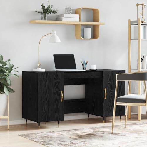 Mandloder Moderner Schreibtisch Schwarze Eiche, 140x50x75 cm, Holzwerkstoff, industrielles Design, für Home-Office & Büro, mit Regalen und Türen, Stabiler Arbeitsplatz Mandloder Moderner Schreibtisch Schwarze Eiche, 140x50x75 cm, Holzwerkstoff, industrielles Design, für Home-Office & Büro, mit Regalen und Türen, Stabiler Arbeitsplatz von Mandloder