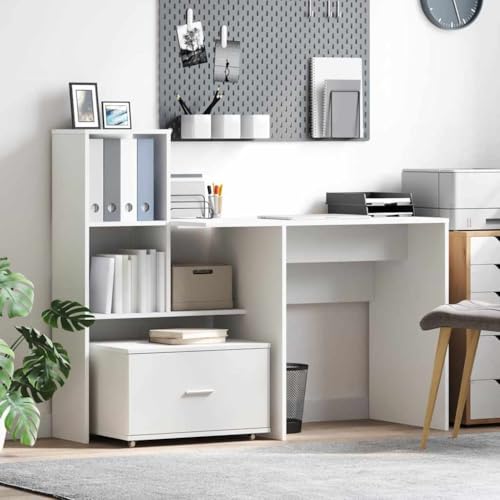 Mandloder Moderner Schreibtisch mit Regal, weiß, aus robustem Holzwerkstoff, 131,5x50x106,5 cm, vielseitig für Büro, Schlafzimmer und Arbeitszimmer, mit Stauraum von Mandloder