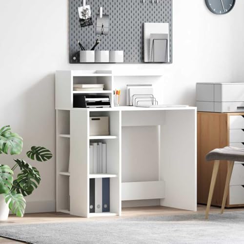 Mandloder Moderner Schreibtisch mit Regal Stauraum Weiß, 90x48x101.5cm Holzwerkstoff, Kratzfest, ideal für Heimbüro, Laptop, Studium & kreative Projekte von Mandloder