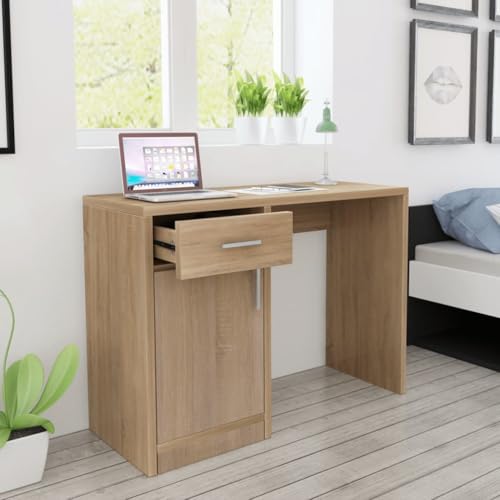 Mandloder Moderner Schreibtisch mit Schublade und Schrank, Eichefarben 100x40x73 cm, robuster Computertisch für Büro, Schlafzimmer oder Arbeitszimmer von Mandloder