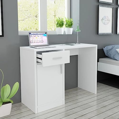 Mandloder Moderner Schreibtisch mit Schublade und Schrank, Weiß, 100x40x73 cm, Stabiler Bürotisch aus Holzwerkstoff für Arbeitszimmer, Schlafzimmer, Home Office von Mandloder