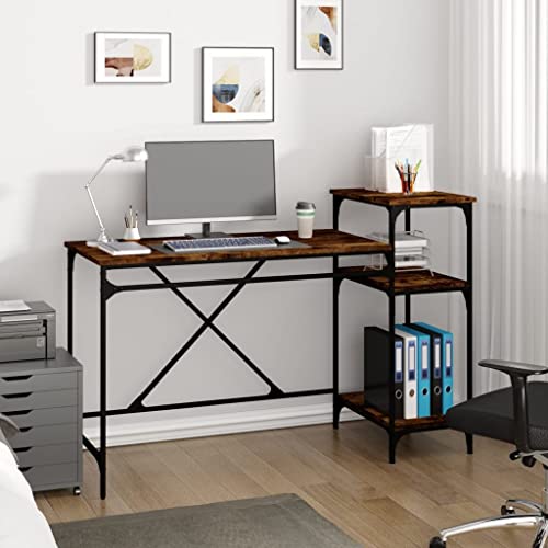 Mandloder Robuster Schreibtisch mit Regal, Räuchereiche Holzwerkstoff, 135x50x90 cm, Industrieller Stil, für Büro & Zuhause, Praktische Arbeitsfläche von Mandloder