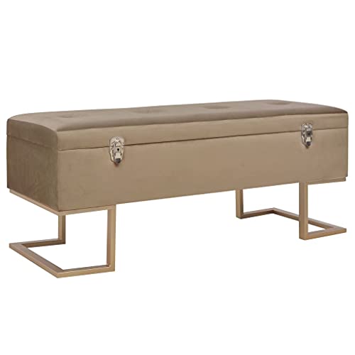 Mandloder Samt Bank mit Staufach 105 cm, Beige gepolsterte Sitzbank für Flur und Schlafzimmer, goldene Eisenbeine, Bequeme Aufbewahrungsbank für den Eingangsbereich von Mandloder