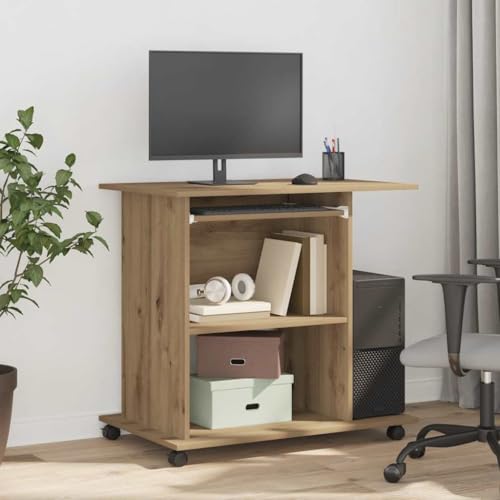 Mandloder Schreibtisch Artisan-Eiche 80x50x75 cm, kompakter Computertisch mit Rollen, ausziehbarer Tastaturablage und CPU-Regal für Home Office von Mandloder