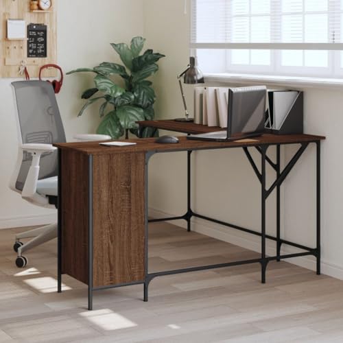 Mandloder Schreibtisch Braun Eichen-Optik, 141x141x75 cm L-Form Eckschreibtisch, Holzwerkstoff, Metallrahmen, für Büro Homeoffice von Mandloder
