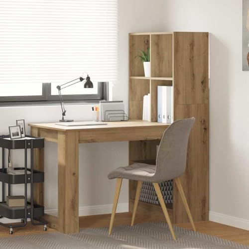 Mandloder Schreibtisch Eiche handwerklich, 122x67x145 cm Holzwerkstoff, mit Regal, für Büro und Schlafzimmer, modernes Design von Mandloder