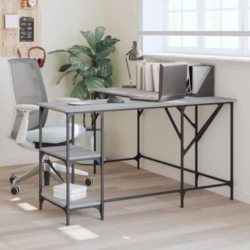 Mandloder Schreibtisch Grau Sonoma, 139x139x75 cm Eckschreibtisch aus Holzwerkstoff mit Regal, Stabiler Metallrahmen für Büro und Home-Office von Mandloder