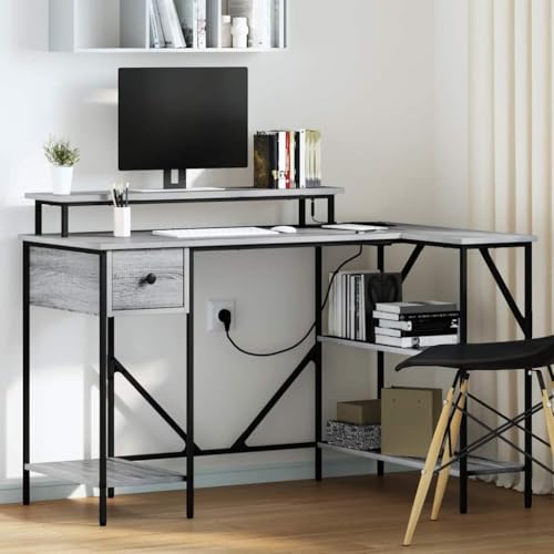Mandloder Schreibtisch Grau Sonoma 120 x 79 x 86.5 cm Holzwerkstoff, L-förmiger Computertisch mit LED-Beleuchtung, Regalen, Schublade und Ladestation für Home Office & Gaming Mandloder Schreibtisch Grau Sonoma 120 x 79 x 86.5 cm Holzwerkstoff, L-förmiger Computertisch mit LED-Beleuchtung, Regalen, Schublade und Ladestation für Home Office & Gaming von Mandloder