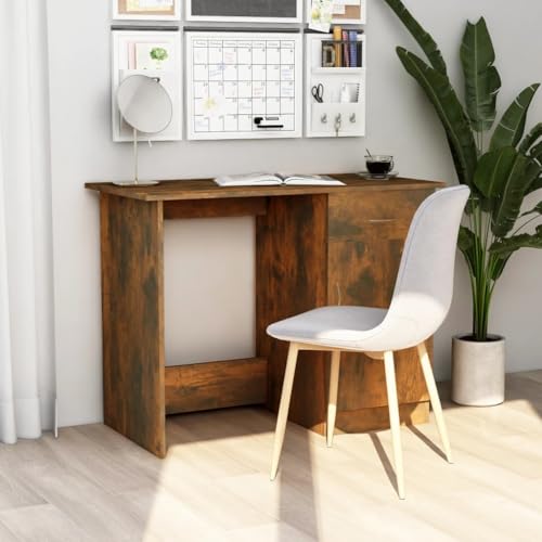 Mandloder Schreibtisch Räuchereiche 100x50x76 cm Holzwerkstoff, Kompakter Computertisch mit Schublade und Tür für Home Office, Schlafzimmer von Mandloder