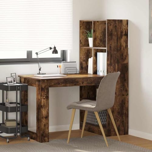Mandloder Schreibtisch Räuchereiche 122x67x145 cm aus robustem Holzwerkstoff, vielseitiger Büro Computer Schreibtisch mit Regal, ideal für Arbeitszimmer und Home Office von Mandloder