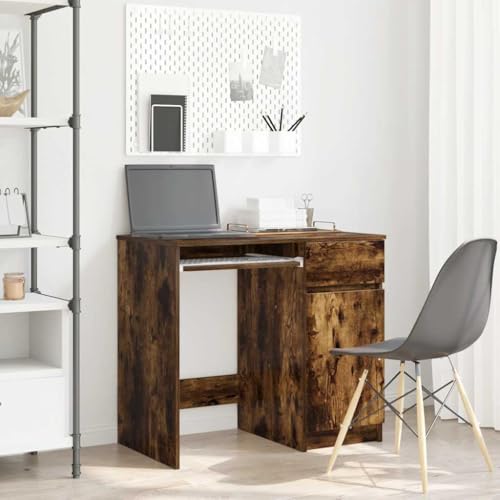Mandloder Schreibtisch Räuchereiche 86x49x76 cm, Holzwerkstoff, vielseitig einsetzbar für Büro & Zuhause, mit Stauraum, Tür, Schublade & Regal, pflegeleichter Computertisch für Laptop-Arbeit von Mandloder