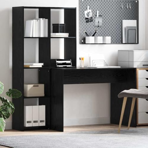 Mandloder Schreibtisch Schwarze Eiche, 138.5x55x143 cm Holzwerkstoff, Kratzfeste Oberfläche, Modernes Design Home Office Computertisch mit Regal für Laptop Gaming von Mandloder