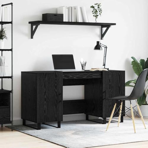 Mandloder Schreibtisch Schwarze Eiche 140x50x75 cm, Holzwerkstoff, Industrieller Computertisch mit 2 Regalen, 2 Türen für Büro, Home-Office, Arbeitszimmer von Mandloder