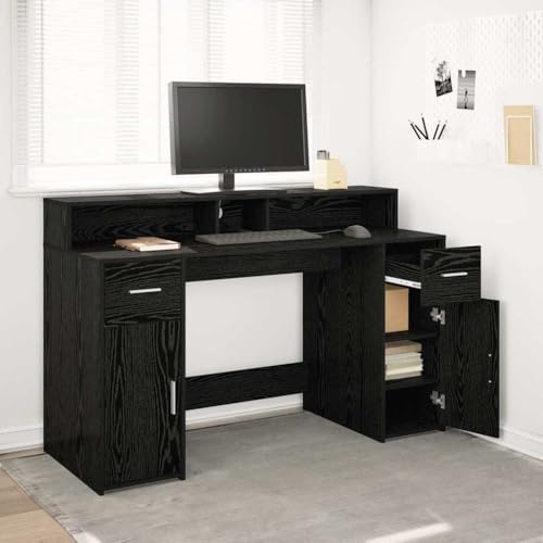 Mandloder Schreibtisch Schwarze Eiche 140x55x91 cm Holzwerkstoff mit LED-Beleuchtung, integrierten Schubladen, Regalen und Türen für Home Office Arbeitszimmer von Mandloder