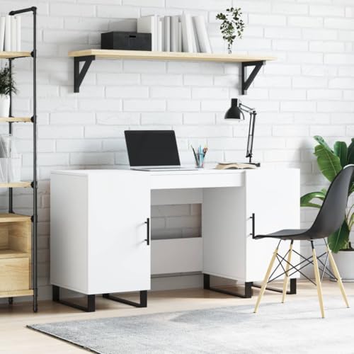 Mandloder Schreibtisch Weiß 140x50x75 cm aus Holzwerkstoff mit 4 Fächern und Türen, Stabiler Computertisch für Home-Office und Schlafzimmer, industrielles Design von Mandloder