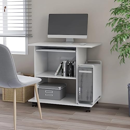 Mandloder Schreibtisch Weiß 80x50x75 cm, Holzwerkstoff, Computertisch mit Rollen, ausziehbarer Tastaturablage, ideal für Büro und Schlafzimmer von Mandloder