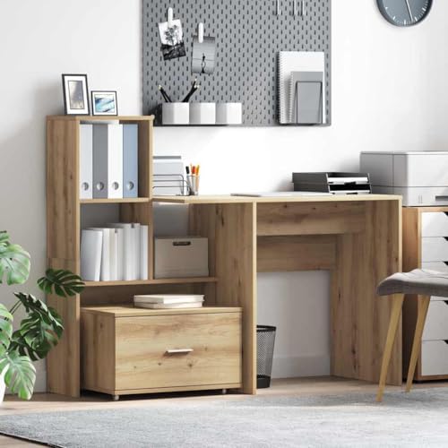 Mandloder Schreibtisch mit Regal, Eiche handwerklich, Moderner Bürotisch aus Holzwerkstoff für Home Office und Arbeitszimmer, 131,5 x 50 x 106,5 cm, mit verstellbarem Bücherregal und Schublade von Mandloder