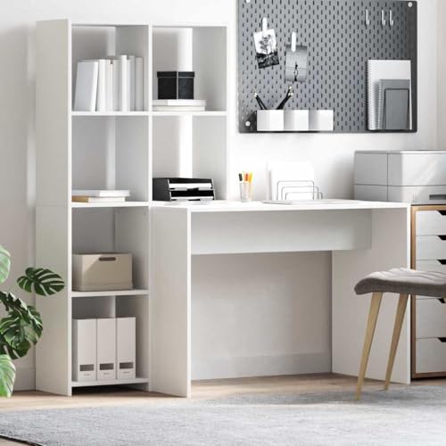 Mandloder Schreibtisch mit Regal, Weiß, 138.5x55x143 cm, Holzwerkstoff, Kratzfest, Modernes Home Office Möbel für Studium Gaming Arbeit von Mandloder