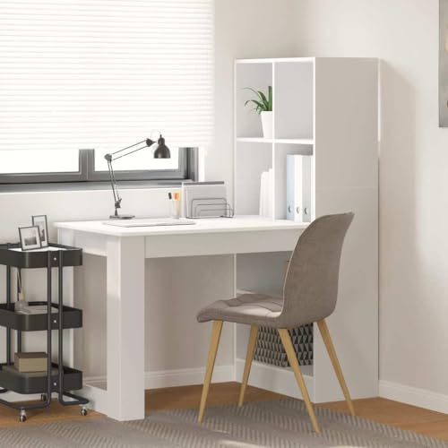Mandloder Schreibtisch mit Regal, Weiß 122x67x145 cm, strapazierfähiger Holzwerkstoff, vielseitiger Arbeitsplatz für Büro und Schlafzimmer, modernes Design von Mandloder