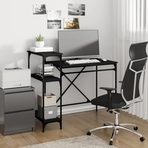 Mandloder Schreibtisch mit Regal Schwarz 105x50x90cm, Industrieller Holzwerkstoff-Computertisch, Stabiler Eisenrahmen, großer Stauraum für Büro & Schlafzimmer, platzsparendes Möbelstück von Mandloder