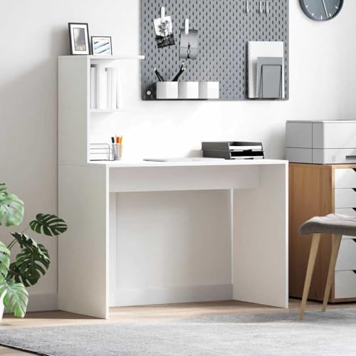 Mandloder Schreibtisch mit Regal Weiß, 102x50x124 cm Holzwerkstoff, Matter Computertisch für Home Office, modernes Arbeitszimmer, Laptop und Bürobedarf, stabile Möbel für produktives Arbeiten von Mandloder