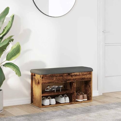 Mandloder Schuhbank Altholz-Optik 82x32x45,5 cm, Holzwerkstoff Flurbank mit Sitzkissen, stabile Aufbewahrungsbank für Eingangsbereich und Schlafzimmer, vielseitiges Möbelstück von Mandloder