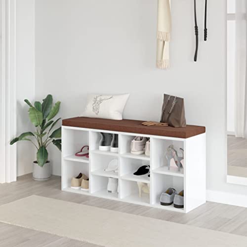 Mandloder Schuhbank Hochglanz-Weiß, 103x30x48 cm, Robuster Holzwerkstoff mit 10 Fächern, Bequeme Sitzbank für Eingangsbereich, Flur und Schlafzimmer von Mandloder