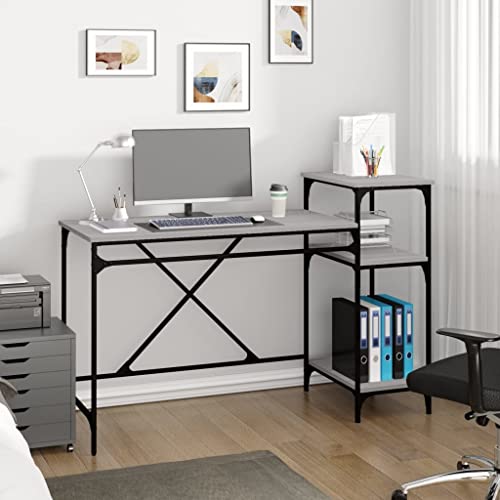Mandloder Sonoma Grau Schreibtisch mit Regal, Industrieller Holzwerkstoff Bürotisch 135x50x90 cm, Stabiler Eisenrahmen Computertisch für Home Office & Schlafzimmer von Mandloder
