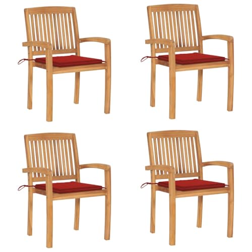 Mandloder Stapelbare Gartenstühle, 4er-Set, aus massivem Teakholz, mit bequemen roten Kissen, witterungsbeständig, für Terrasse und Garten Mandloder Stapelbare Gartenstühle, 4er-Set, aus massivem Teakholz, mit bequemen roten Kissen, witterungsbeständig, für Terrasse und Garten von Mandloder