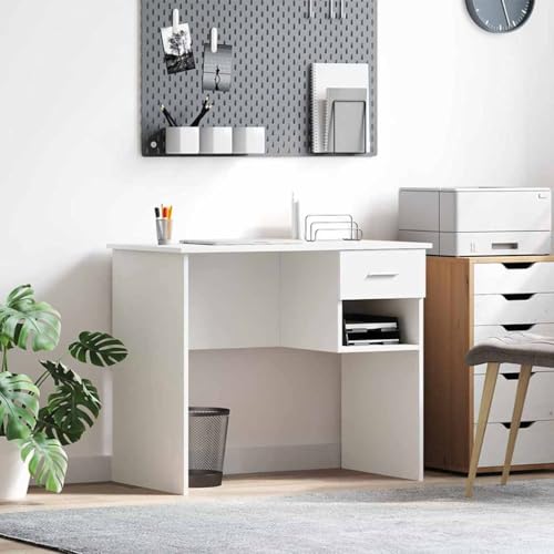 Mandloder Weißer Schreibtisch mit Regal, 90x49.5x75 cm, aus Holzwerkstoff, ideal für Homeoffice, Arbeitszimmer, Schlafzimmer, mit praktischer Schublade & Ablage von Mandloder