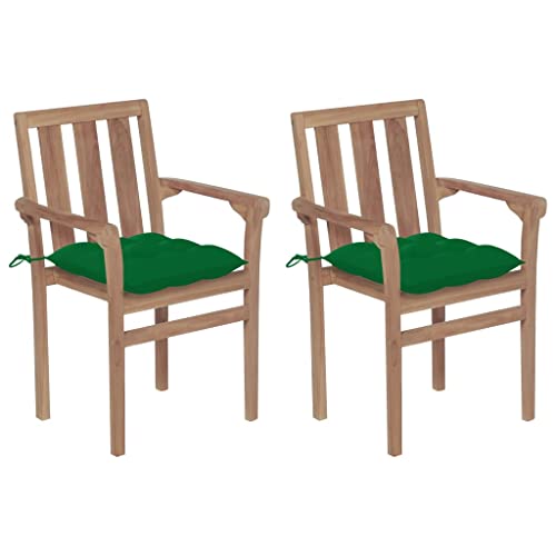 Massivholz Teak Gartenstühle 2er Set mit Grünen Kissen, Stapelbare Outdoor Gartenmöbel für Terrasse Balkon, 58x50x89 cm, Max 110 kg, Langlebige Stühle für Bistro & Café von Mandloder