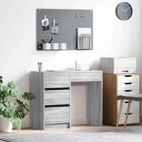 Moderner Schreibtisch Graues Sonoma Holzwerkstoff, 90x37.5x75cm, mit 3 Schubladen und Regal für Home-Office & Laptop, Robuster Bürotisch für Schlafzimmer von Mandloder