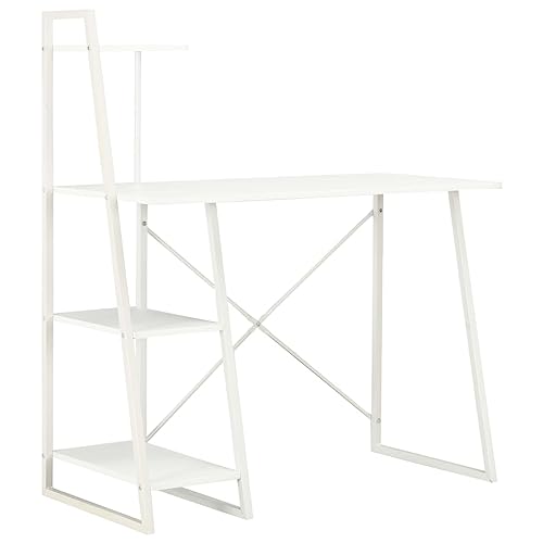 Moderner Schreibtisch mit integriertem Regal, weiß, 102x50x117 cm, Stabiler Arbeitsplatz für Büro & Zuhause, langlebige Holzwerkstoff-Konstruktion mit Stahlrahmen von Mandloder
