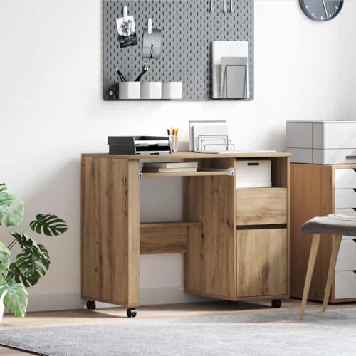 Rollbarer Schreibtisch mit Regal, Eiche Handwerklich, 91x50x77 cm, Moderner Computertisch für Home-Office, Flexibler Arbeitstisch auf Rollen von Mandloder