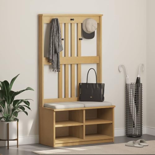 SANDNES Garderobenständer 87x40x159.5cm, Massivholz Kiefer Walnussoptik, Flurmöbel mit Sitzbank & 5 Haken, praktischer Schuhschrank für Eingangsbereich von Mandloder