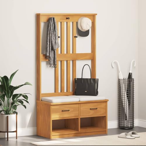 SANDNES Garderobenständer Massivholz Kiefer Akazienholz-Optik, 87x40x159,5cm Flurschrank mit 5 Haken & 3 Schubladen, robuste Bank für Eingangsbereich & Flur von Mandloder